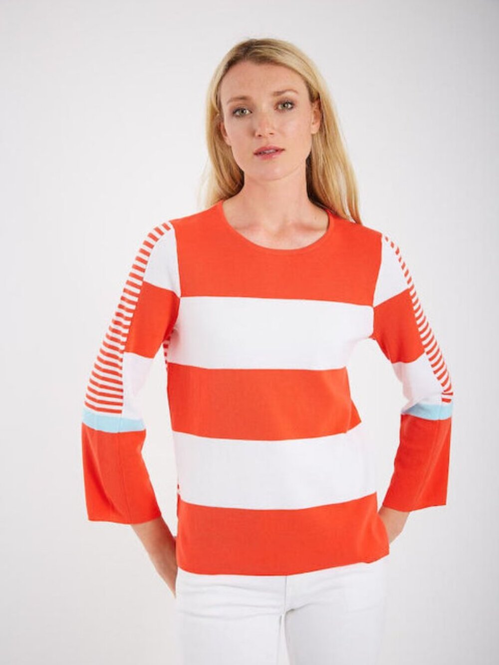 Pima Cotton Half Milano Color Block Crew Neck w/Striped Back